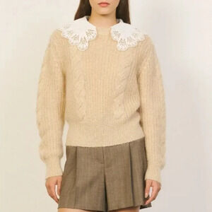 Sandro Cream Sweater with White Lace Collar Size 4